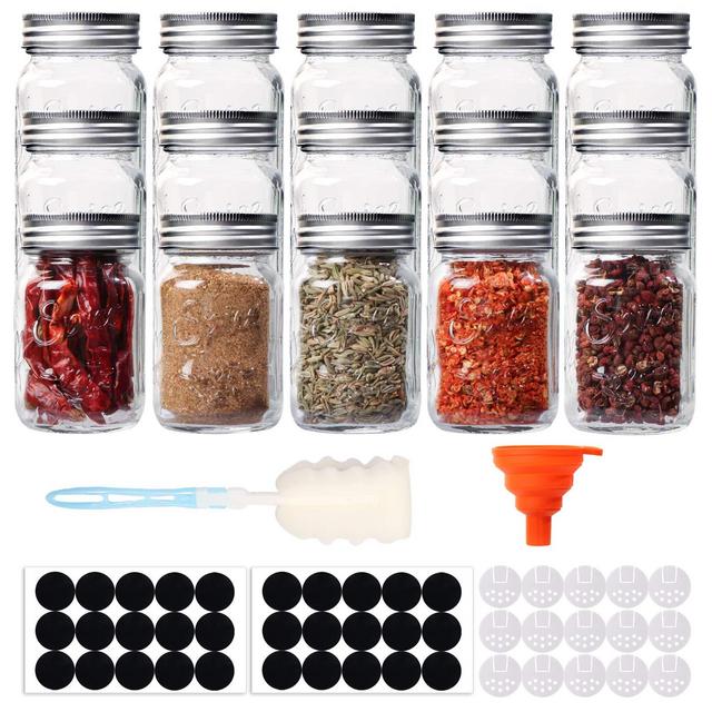 Comrzor 15 Pack 4 OZ Glass Mason Spice Jars, Empty Spice Bottles with Shaker Lids and Airtight Metal Caps for Storage, DIY (Chalkboard Labels, Sponge Brush and Silicone Collapsible Funnel Included)
