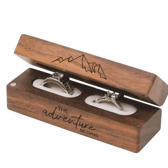 Engraved Flip Wooden 2 Ring box for wedding -Rustic Vintage Solid Wood rectangle Jewelry Storage Box