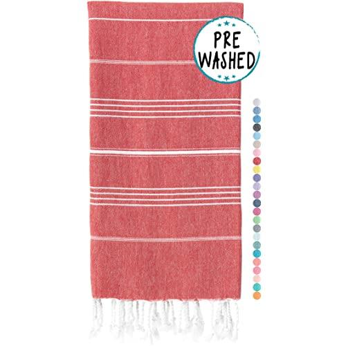 WETCAT Original Turkish Beach Towel (39 x 71) - Prewashed Peshtemal, 100% Cotton - Highly Absorbent, Quick Dry and Ultra-Soft - Washer-Safe, No Shrinkage - Stylish, Eco-Friendly - [Red]
