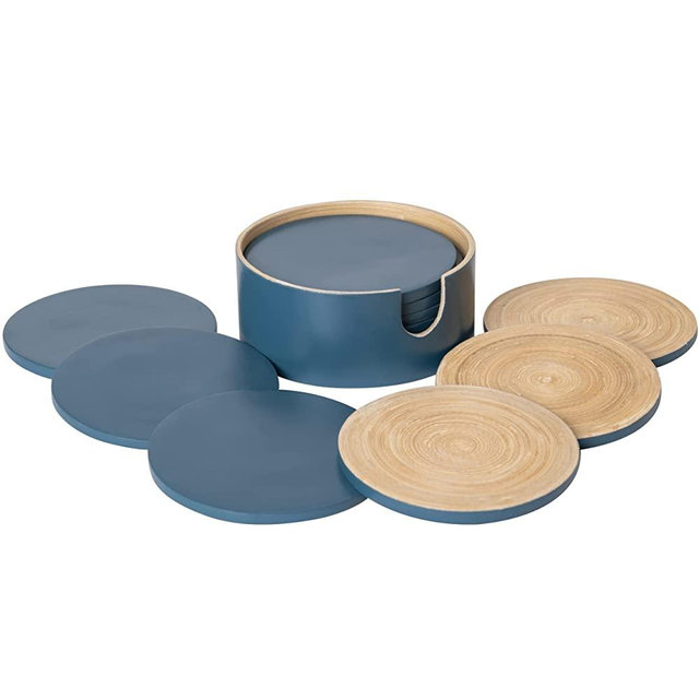 HABITAS Spun Bamboo Coasters for Drinks - Coaster Set with Bamboo Wood Coasters and Coaster Holder. Modern Coasters for Coffee Table (Blue)