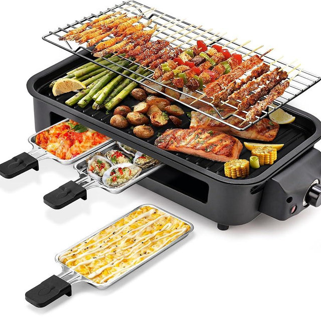 Pukomc Electric Indoor Grill,2 in 1 Indoor Grills for Kitchen with Grill Net & Non-Stick Cooking Removable Plate, Temperature Control, Dishwasher Safe, 1700W Black