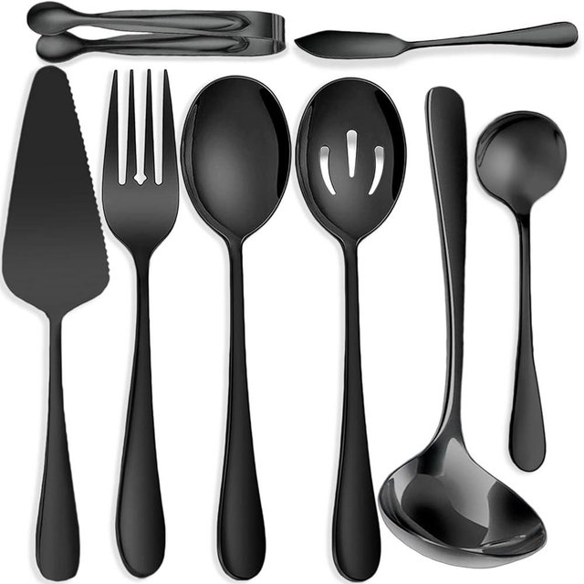 IAXSEE 8 PCS Stainless Steel Serving Utensils, Large Serving Spoons Slotted Spoons, Forks, Ice Suger Tongs, Cake Server, Soup Ladle, Metal Utensils Set Great for Buffet Catering Banquet Party, Black
