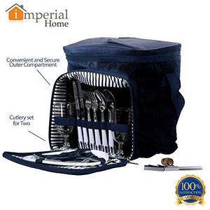 Blue Insulated Picnic Basket - Lunch Tote Cooler Backpack w/ Flatware Two Place Setting