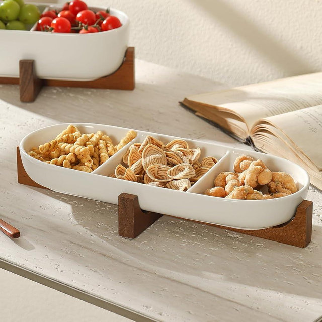 AYUCIA Divided Ceramic Serving Plate with Acacia Wood Base, Appetizers Platter for Home Decor(3-Compartment Plate), 14inch Divided Plate for Snack, Dessert, Fruit, Chip and Dip Serving Set