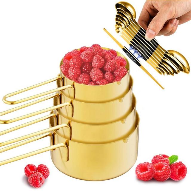 Sinnlicht 13pcs Gold Stainless Steel Measuring Cups and Spoons Set, Including 8 Double-Sided Magnetic Measuring Spoons Set & 1 Leveler, 4 Metal Measuring Cups, Kitchen Accessroies for Cooking & Baking