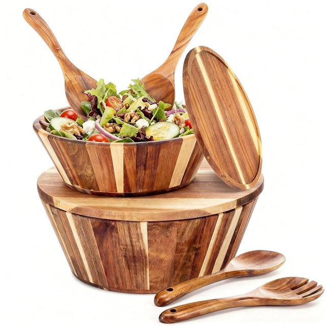 LemonRoad 2 Sets 10" 12" Large Wooden Salad Bowls Set Acacia Wooden Mixing Serving Bowls Decorative with Serving Utensils and Cover for Fruits Salad Pasta Kitchen Party