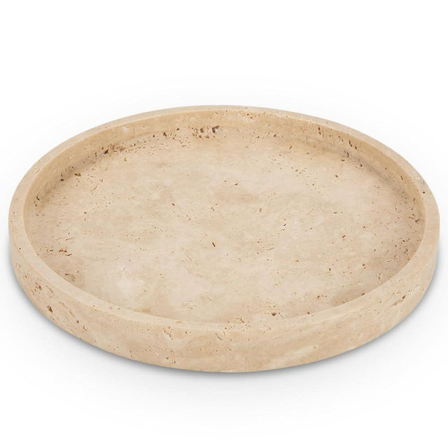 WORHE Natural Travertine Vanity Tray for Bathroom, Dresser, Counter, Home Decor Marble Round Decorative Tray for Candles, Perfumes, Jewelry, Plants Natural Stone Organiser Dish Color Beige (WH019)