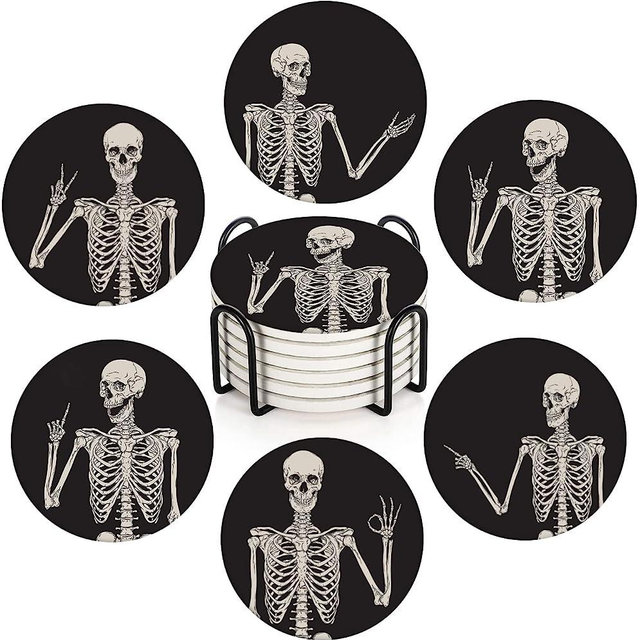 Coaster for Drinks Set of 6, Skeleton Skull Body Vintage Bones Absorbent Round Ceramic Stone Mat, with Cork Base and Metal Holder, Gift for Housewarming Room Bar Decor