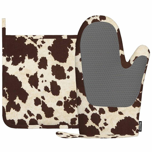 Mxocom Brwon Cowhide Oven Mitts and Pot Holders Sets Cow Skin Vintage Big Cow Bull Fur Animal Silicone Heat Resistant Kitchen Oven Gloves Pot Holder for Cooking