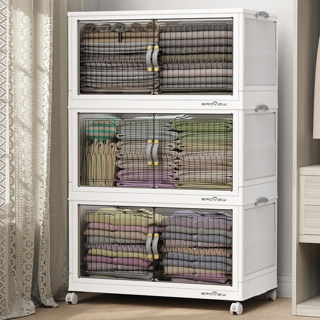 BROVIEW 90gal/360qt Plastic Storage Bins with Lid, Closet Organizer and Storage, Stackable Storage Drawer with Wheel, Collapsible Clothes Storage Cabinet Cube Shelf, Home Office Dorm Organization
