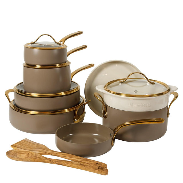 Bloomhouse 15 Piece Heavy Duty Aluminum Premium PFA Free Ceramic Nonstick Cookware Set - Cappuccino