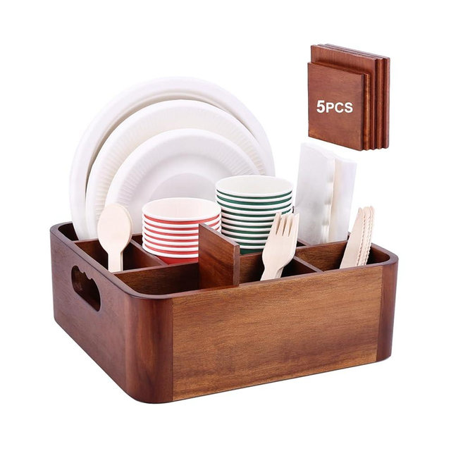 Bonfixe Acacia Wood Utensil Holder, Silverware Organizer Caddy with 4 Anti-Slip Pads, 5 Removable Dividers Utensil Organizer for Kitchen Counter, Party, and Picnic