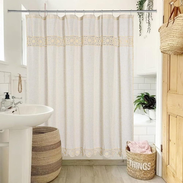 Gibelle Boho Farmhouse Shower Curtain, Thick Linen Cotton Fabric Shower Curtain with Macrame Lace Decor, Modern Bohemian French Country Chic Bathroom Shower Curtain Set 72x72 - Beige/Cream