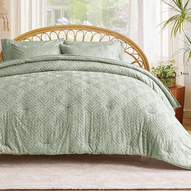 EVERGRACE Boho Comforter Set Queen Size 7 Piece, Shabby Chic Tufted Comforter Set with Sheets, Diamond Embroidery Bedding Set, All Season Soft Microfiber Complete Bed Set, Sage Green, 90"x90"
