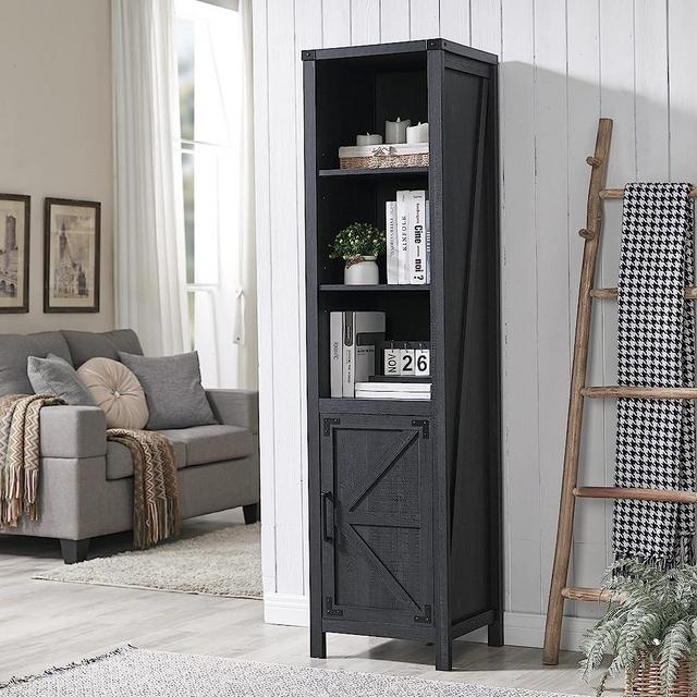 JXQTLINGMU Narrow Storage Cabinet, 5 Shelf Bookshelf, Bookcace, Pantry Cabinet, Farmhouse Storage Cabinet with Doors and Adjustable Shelves for Living Room, Bedroom, Kitchen (Black)