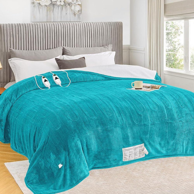 greenoak Heated Blanket Electric King Size 100"X90" Dual Control, Heating Blanket with 10 Heat Levels 1/2/4/6/8 Hours Auto-Off Overheat Protection, Soft Sherpa Warm, ETL Certified Aqua Green