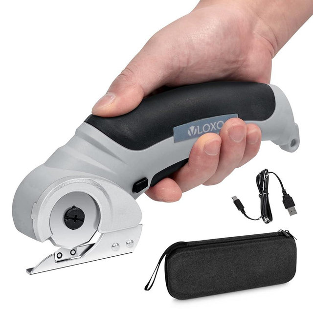 VLOXO Cordless Cardboard Cutter, Electric Scissors with Safety Lock 4.2V Power Box Cutter Multi-Cutting Tools, Rechargeable Electric Scissors for Cardboard Leather Carpet with Storage Box Grey