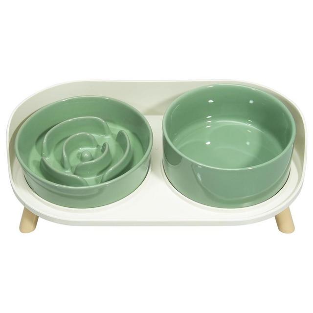 Elevated Slow Feeder Dog Bowls - Ceramic Food and Water Bowl Set with Stand - Raised Pet Dishes for Small and Medium Sized Dogs