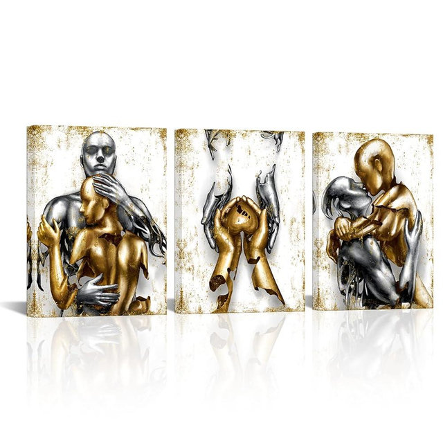 Visual Art Decor Black and Gold Love Decor Grey & Gold Hugging Couple Bedroom Wall Decor Picture Art Prints Framed Canvas Print (White, 12x16inchx3 Pieces)
