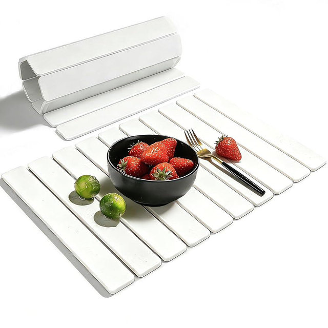 Large Stone Dish Drying Mat for Kitchen Counter, 24"(L)×16"(W), Collapsible Quick Dry Diatomaceous Earth Mat, Super Absorbent Drying Pad for Dishes Bottles Cups Utensils, Heat Resistant (White)