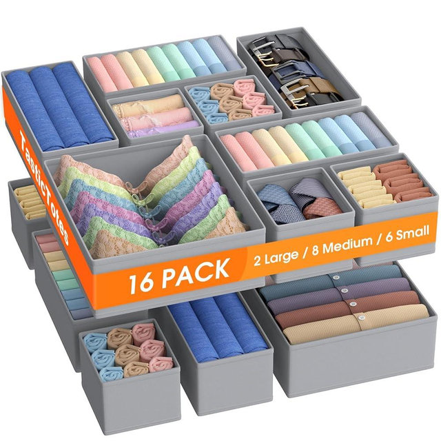 TasticTotes Drawer Organizer Clothes, 16 Pack Drawer Organizers and Underwear Organizer for Nursery, Dividers Clothes Organizer, Closet Organization and Foldable Storage Bins for Socks, Bra, Tie, Grey