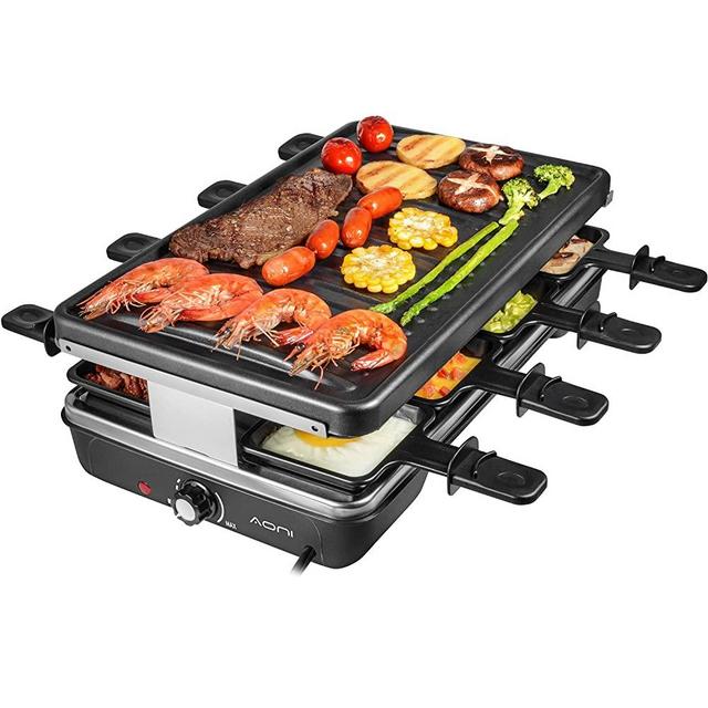 AONI Raclette Table Grill, Electric Korean BBQ Grill Indoor Cheese Raclette for 8 Person, Removable Non-Stick Surface, Temperature Control & Dishwasher Safe, 1200W