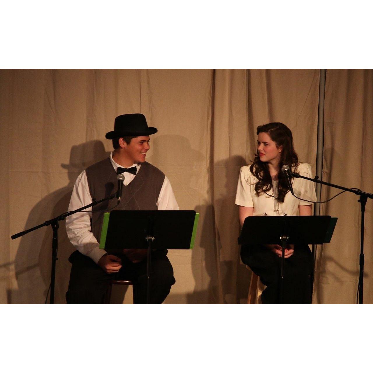 We were also in Drama class together at our co-op. This picture is from "It's a Wonderful Life: Radio Drama". Mason voiced Clarence the angel and I was the Superintendent.