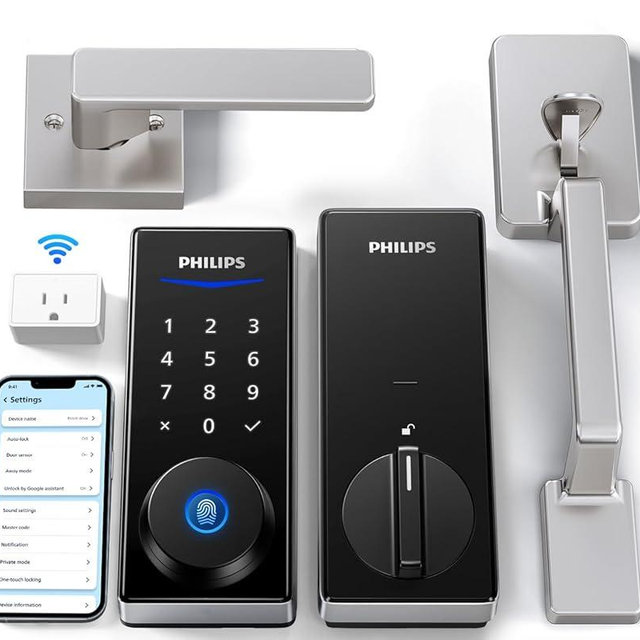 Philips Wi-Fi Smart Lock with Handle, Keyless Entry Keypad Door Lock with Handle, Front Door Deadbolt Set with Gateway, App Control, Fingerprint Unlock, PIN Code Unlock, Auto Locking, Touchscreen