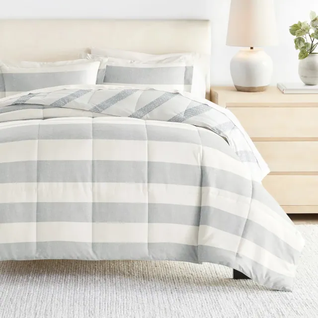 7PC Bedding Bundle, Patterned Comforter and Solid Sheet Set - Becky Cameron, Distressed Stripe Light Blue, King
