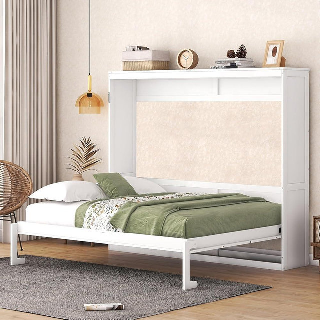 Merax Modern Farmhouse Solid Wood Murphy Bed Chest, Wall Bed with Wood Slat Support/No Box Spring Needed/Space Saving/Queen,White