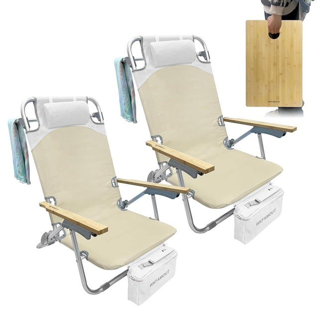 WKFAMOUT 2 Pack Low Backpack Beach Chair with Folding Bamboo Table for Adults, 5-Position Lay Flat Reclining Chair Lightweight with Cooler Bag Supports 265 lbs