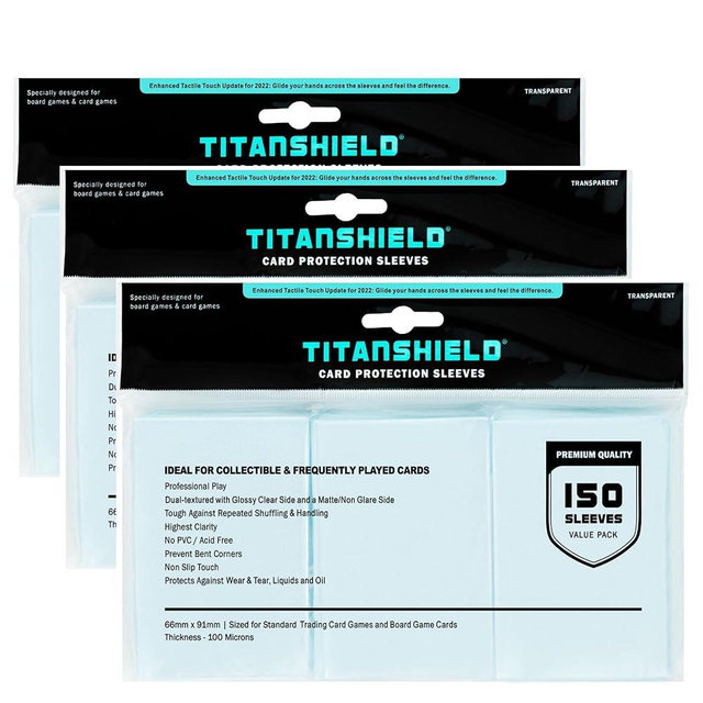 TitanShield Premium Card Sleeves | Compatible with Pokemon, One Piece, Lorcana, Flesh & Blood, & Magic The Gathering MTG | (150 Sleeves - Standard) (3, Clear, Standard | 66x91mm)
