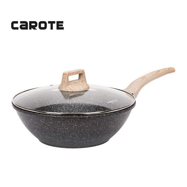 Carote Nonstick Woks and Stir Fry Pans with Glass Lid,Granite Coating Wok Pan,12-Inch,Black