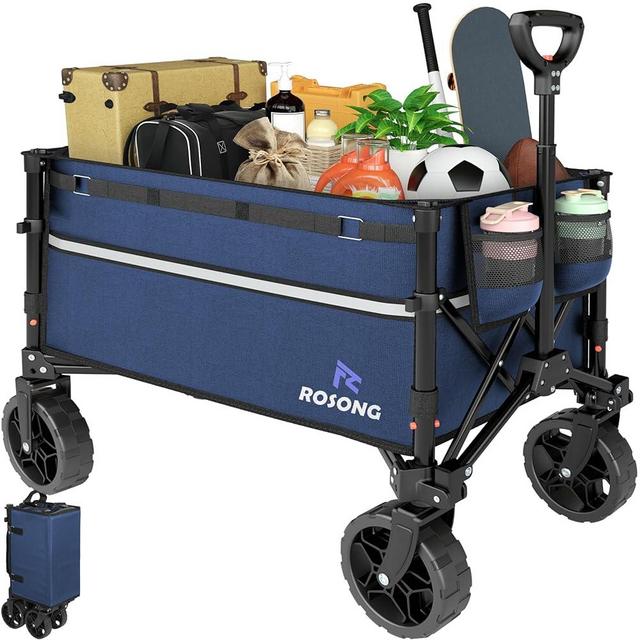ROSONG Collapsible Wagon Cart with Wheels Foldable - Folding Utility Heavy Duty Wagons Carts for Grocery Sports Garden Shopping Camping Wheelbarrows,Navy Blue