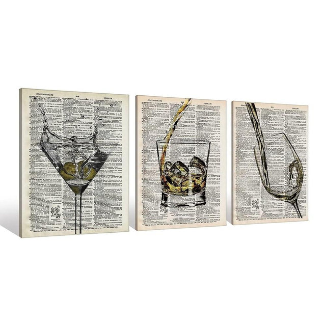 Whiskey Martini White Wine Cup Retro Dictionary Art Canvas Wall Art Prints Artwork Signs Framed for Bar Club Lounge Kitchen Man Cave Home Wall Decor,23X15 inch Set Of 3,Housewarming Gifts(847)