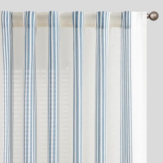 COLLACT Linen Curtains Blue Striped Curtains 84 Inch Length for Living Room Modern Pinstripe Pattern Curtains Coastal Light Filtering Semi Sheer Drapes Back Tab Window Treatments, W52 x L84, 2 Panels