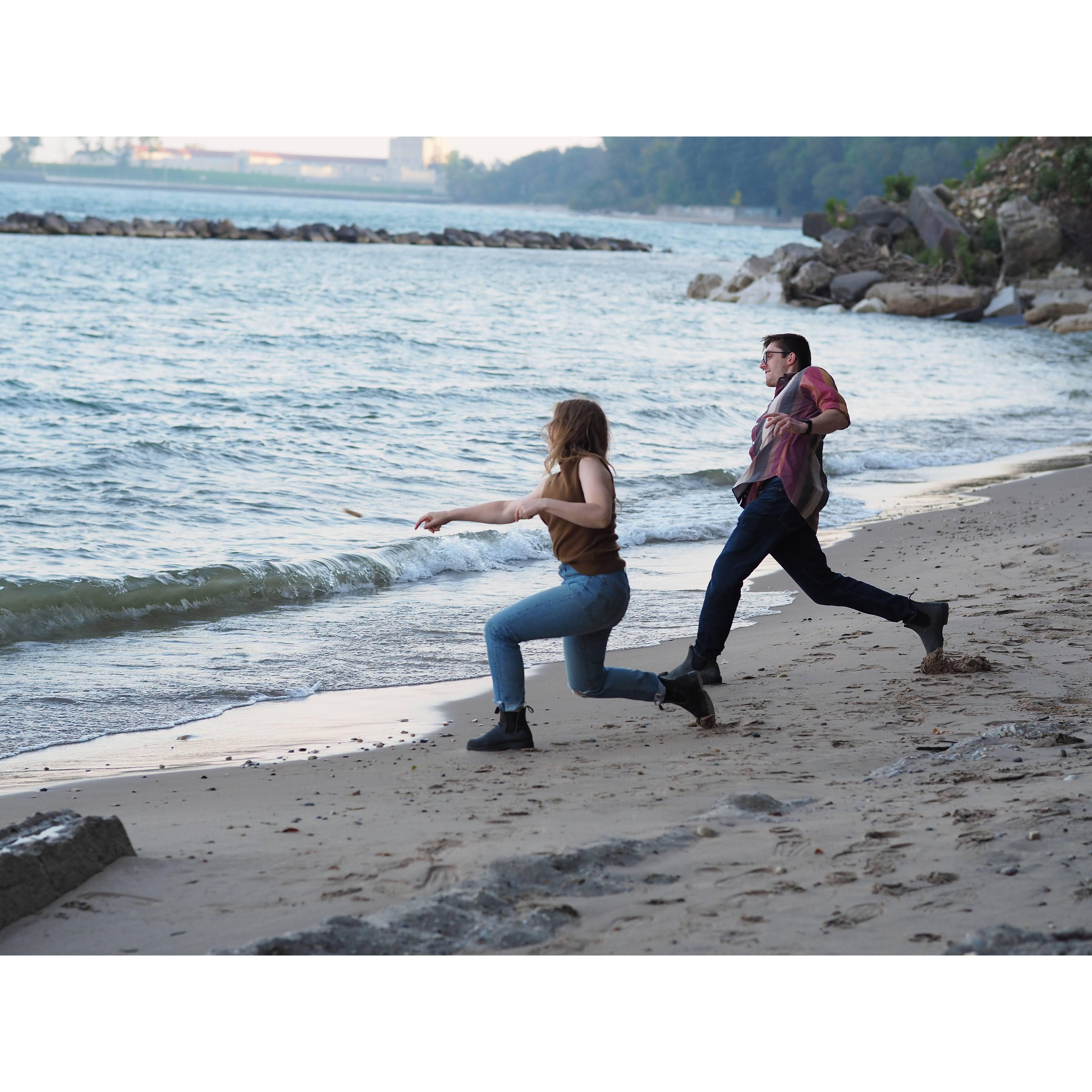 A rock skipping outtake from engagement photos (courtesy of Zach Bice, photographer and Alex Bice, staging assistant). You'll have to guess who won.