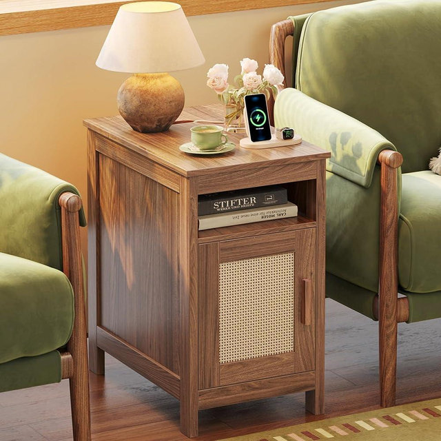 Huuger Narrow Night Stand, End Table with Charging Station, USB-C Port, Rattan Side Table with Cabinet and Open Shelf, Synthetic Rattan, for Small Spaces, Bedroom, Walnut