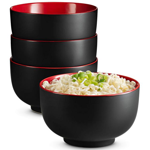 KooK Japanese Ceramic Noodle Bowl, Pho, Ramen, Soup, Deep Interior, Black and Red, capacity limit 34 oz - Set of 4