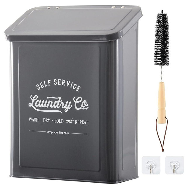MONJITA Magnetic Lint Bin for Laundry Room, Wall Mounted Lint Trash can with lid for Dryer, Farmhouse Laundry Co Sign, Laundry Room Organization and Storage Decor with Dryer Lint Brush(Grey)