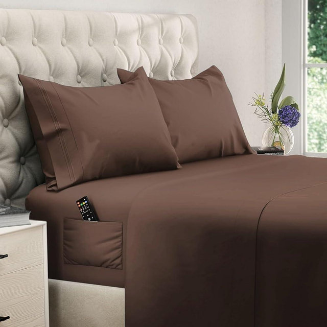 DREAMCARE Queen Size Sheets - Cooling Bed Sheets - 4pcs Set - up to 15" Deep Pocket Queen Sheet Set - Sheets Queen Size Bed - Soft & Long Lasting 100% Fine Microfiber with Side Pocket - Mocha Brown