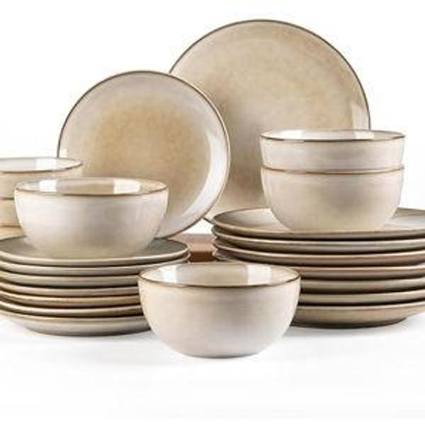 AmorArc Stoneware Dinnerware Sets for 8, 24 Pieces Handpainted Ceramic Plates and Bowls Set, Scratch Resistant Dishes Set, Dishwasher & Microwave Safe, Cappuccino