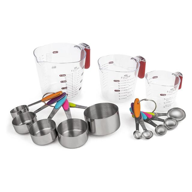 Elitra Home Measuring Cups and Spoons Set 13 Piece. Includes 10 Stainless Steel Measuring Spoons and 3 Plastic Measuring Cup,Clear