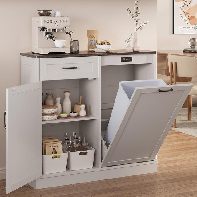 LOUVIXA Double Tilt Out Trash Cabinet, Kitchen Island with Trash Storage, Trashcan Cabinet for Kitchens, Wood Cabinet with Trash Can Pull Out, Dog Proof Trash Can (Dusty White, 10 Gal)
