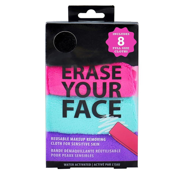 ERASE YOUR FACE Makeup Remover Cloths - Reusable Microfiber Face Towels to Cleanse & Remove Makeup - Water Activated, Dual-Sided Design for Easy Use, Great Bachelorette & Bridesmaid Gift (8 Count)