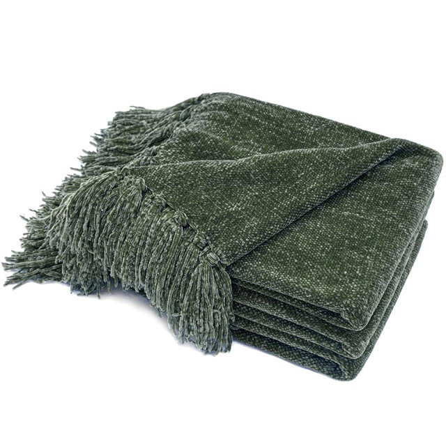 RECYCO Throw Blanket Soft Cozy Chenille Throw Blanket with Fringe Tassel for Couch Sofa Chair Bed Living Room Gift (Dark Green, 50" x 60")