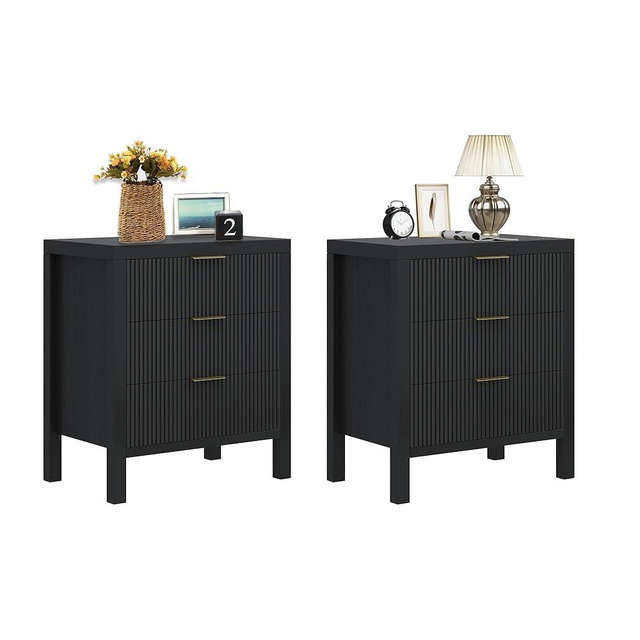MJADUE Fluted Nightstands Set of 2, Wooden Farmhouse Night Stands with 6 Drawer Bedside Table - Boho Tall End Table Accent Table for Bedroom, Living Room, （Black 2PCS）
