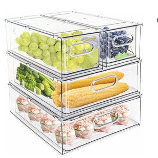 MineSign 4 pack Stackable Refrigerator Organizer Bins Pull-Out Drawers for Fruit and Veggies Storage Organizer for Fridge Clear Drawer Containers with Handle Divided Organization for Produce Saver