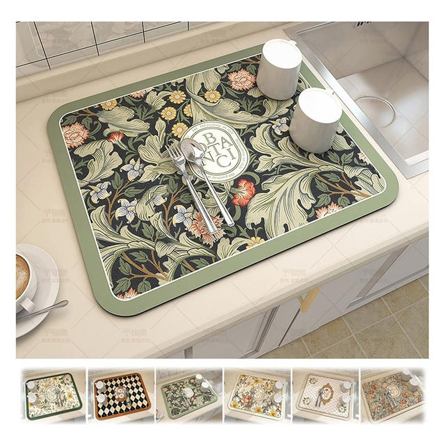 Fantasy Style Draining Mat, Absorbent Dish Drying Mat for Kitchen Counter,Soft Diatom Mud Non-Slip Plates Dish Drying Pad Quick Dry Mat