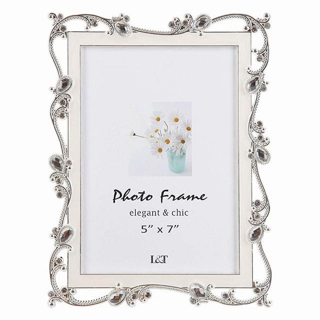 L&T Metal Picture Frame Silver Plated with Cream White Enamel and Jewels 5x7 Inch, Ideal Anniversary Wedding Photo Frame